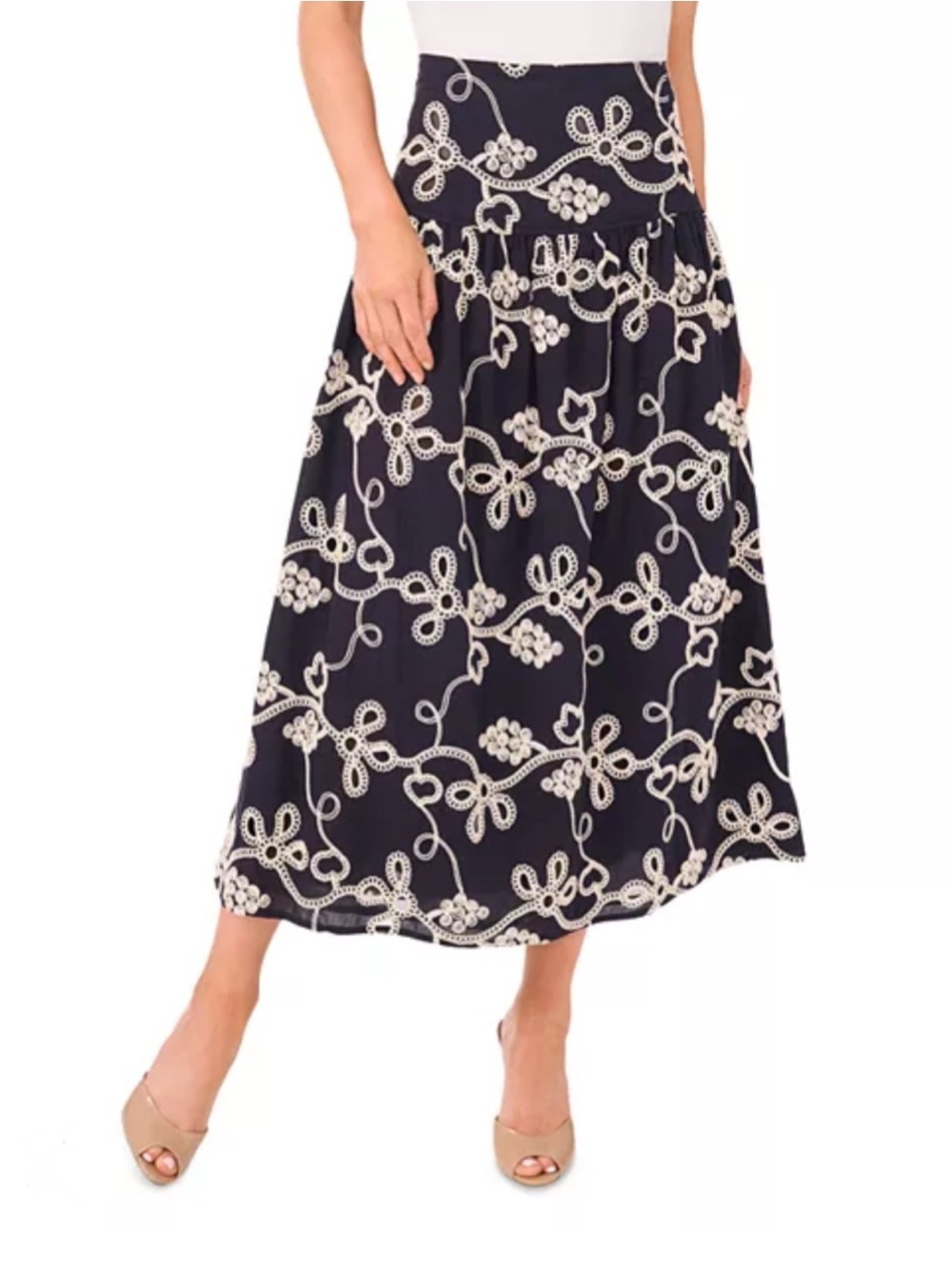 CeCe Night Shade Embroidered Midi Skirt Size 6 NWT Navy Cream Floral Cotton Boho